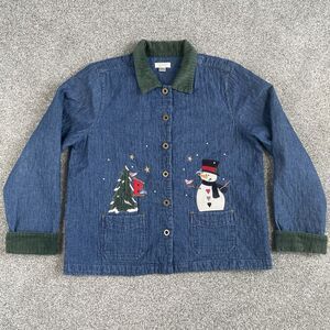 Christopher & Banks Christmas Denim Jacket Snowman Embroidered Size Large